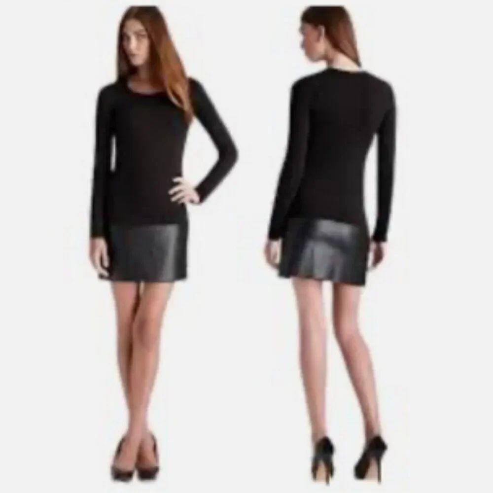 Bailey 44 Anthropologie Black Leather Trim Long Sleeve Mini Dress Size S